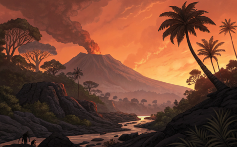 Paysage préhistorique inspiré de L'Âge de Glace : Le Réveil du Volcan