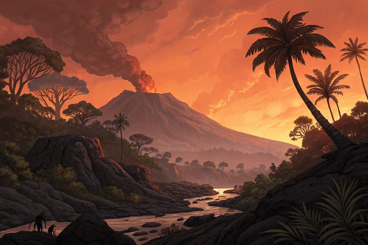 Paysage préhistorique inspiré de L'Âge de Glace : Le Réveil du Volcan