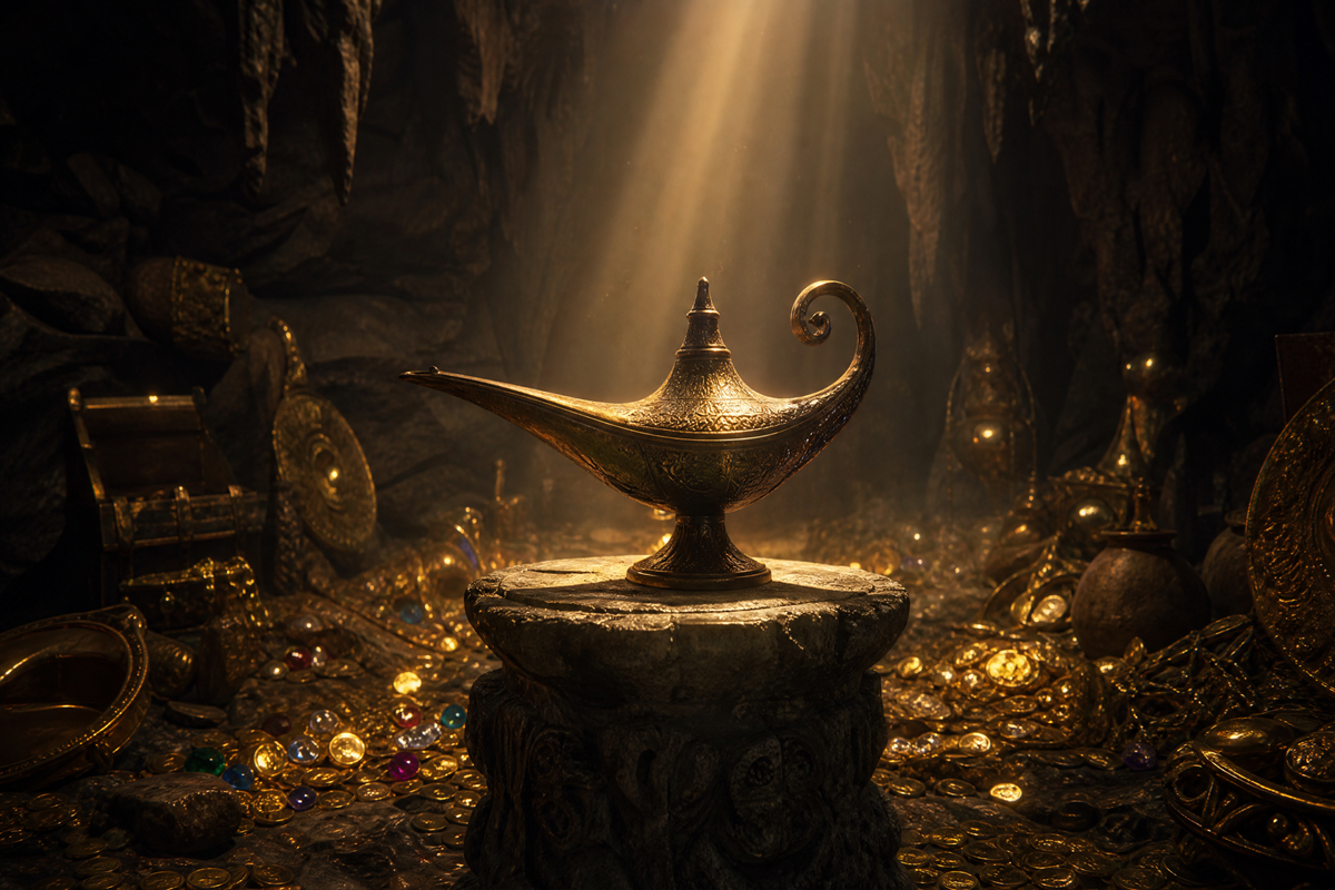 Ancienne lampe posée sur un piédestal dans une grotte remplie de trésors