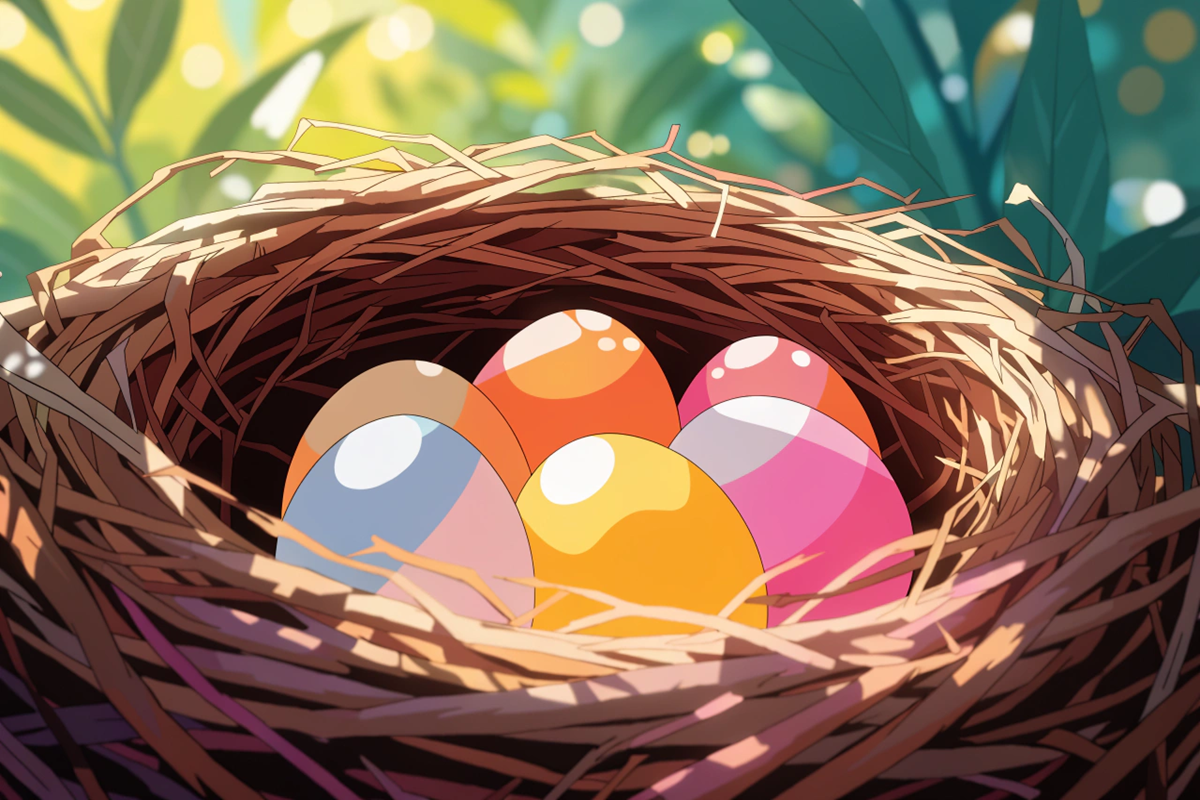 nid d’oiseau avec des oeufs colorés dans la nature, thème famille et paternité de Angry Birds 3 