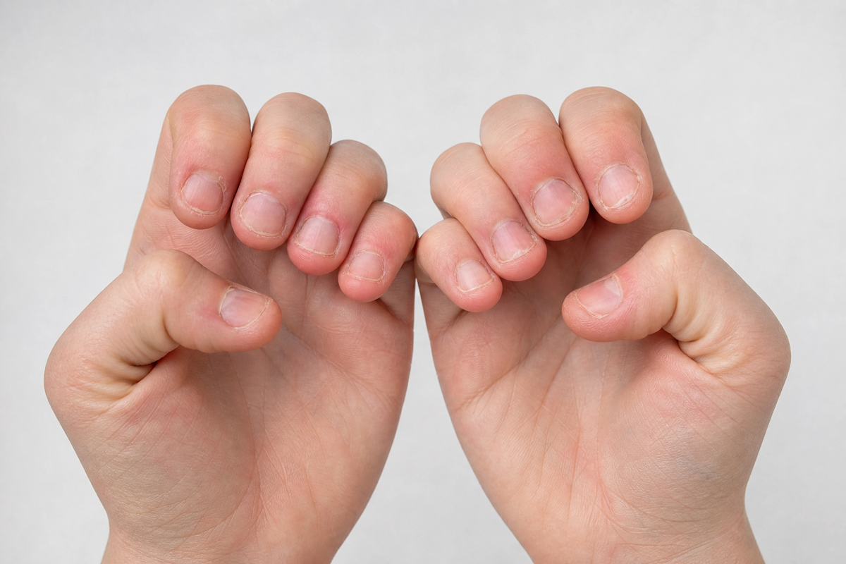 Deux mains présentant des ongles très courts et rongés.