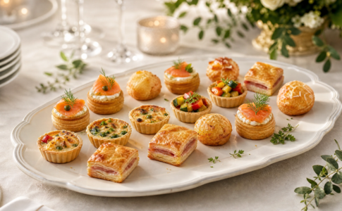 Plateau d'assortiments de petits fours salés raffinés comprenant feuilletés, mini-tartelettes et bouchées au saumon.