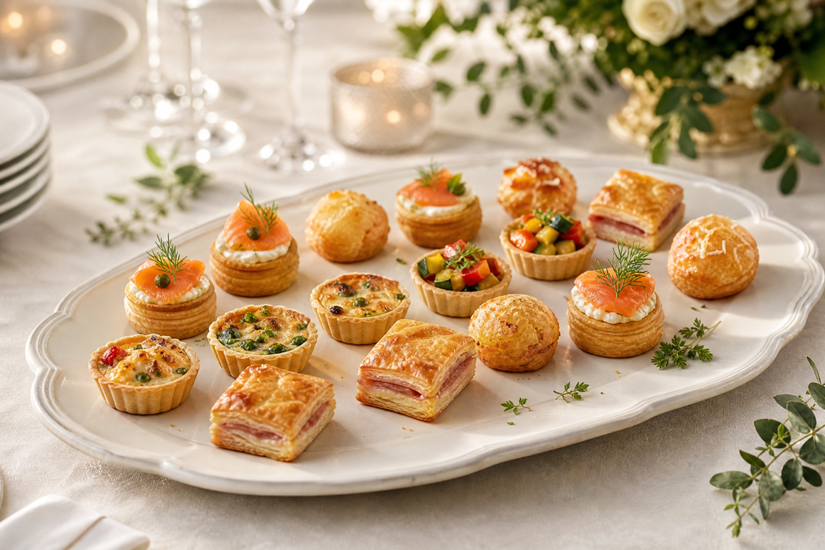 Plateau d'assortiments de petits fours salés raffinés comprenant feuilletés, mini-tartelettes et bouchées au saumon.