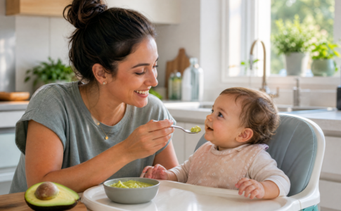 Mère donnant une purée d’avocat à la cuillère à son bébé assis dans une chaise haute.