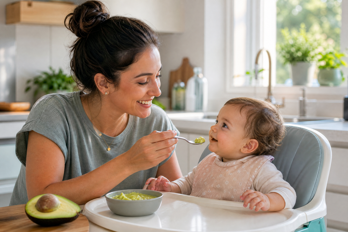Mère donnant une purée d’avocat à la cuillère à son bébé assis dans une chaise haute.