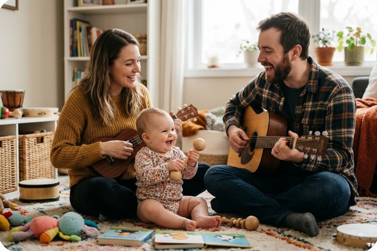 Un bébé découvrant la musique avec ses parents