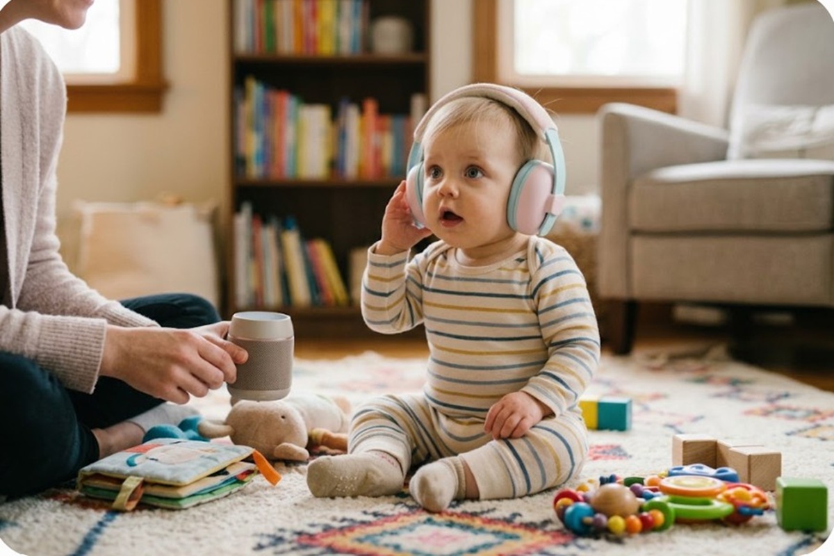 Un bébé écoutant des sons avec un casque