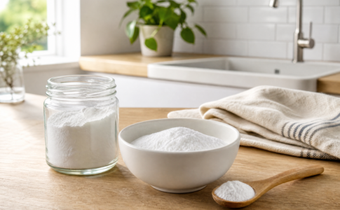 Bicarbonate de soude dans un bocal, un bol et une cuillère en bois.