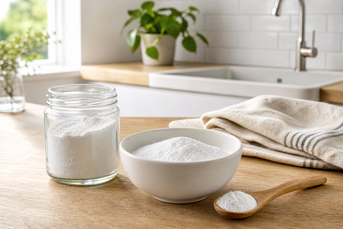 Bicarbonate de soude dans un bocal, un bol et une cuillère en bois.
