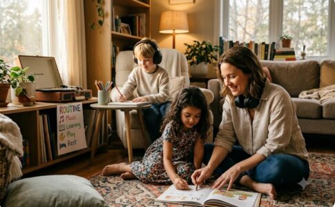 Une mère et ses enfants apprenant en musique