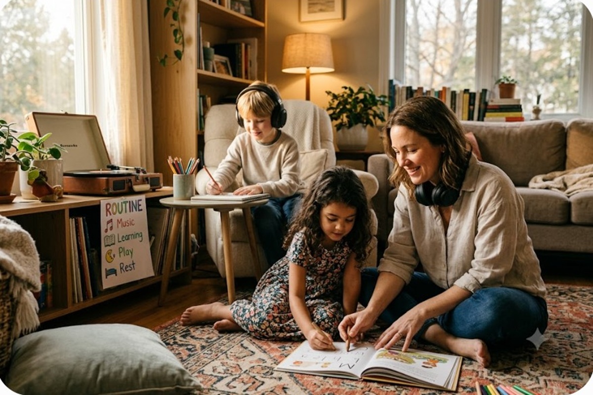 Une mère et ses enfants apprenant en musique