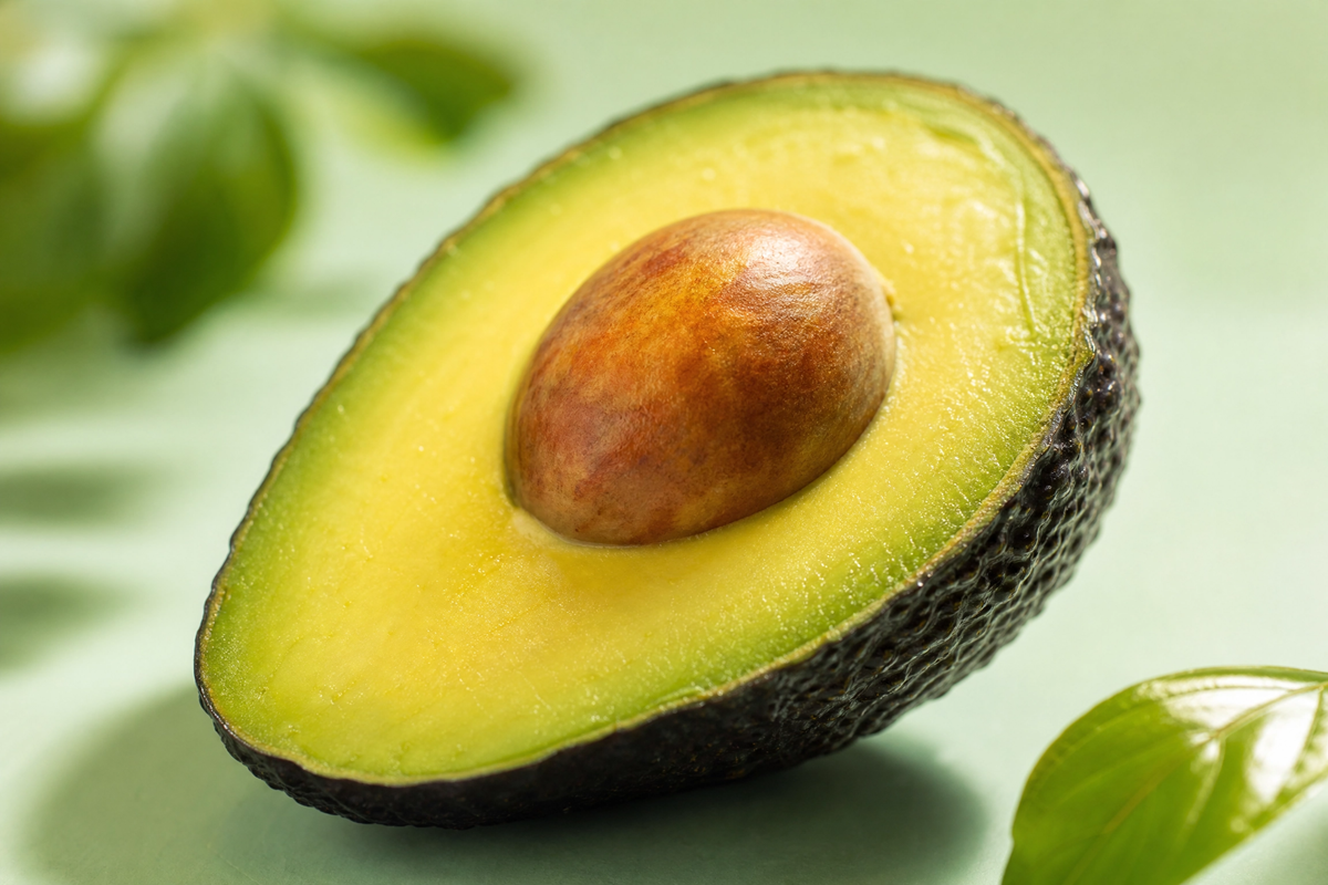 Demi-avocat frais ouvert avec son noyau sur un fond vert.