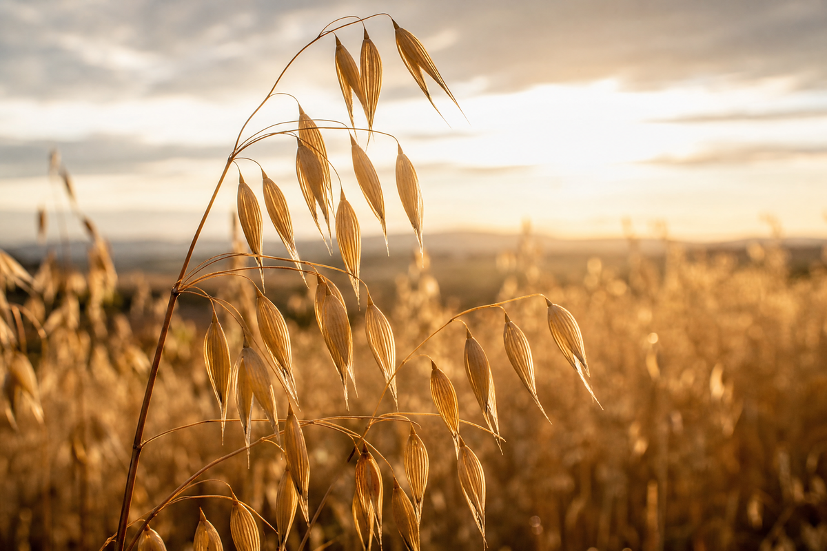 Épis d'avoine dorés dans un champ au coucher du soleil.