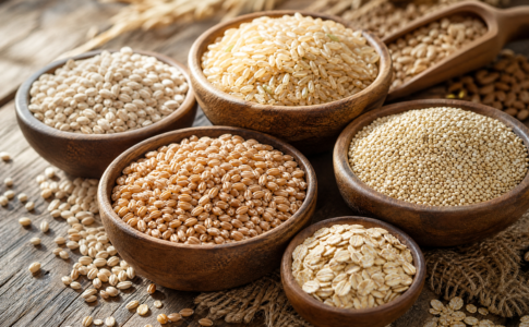 Bols en bois remplis de différentes céréales et grains complets sur une table rustique.