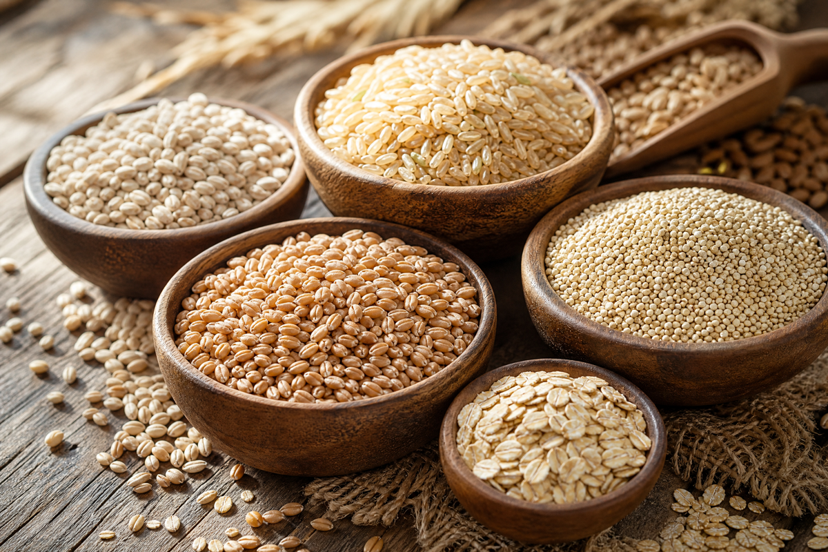 Bols en bois remplis de différentes céréales et grains complets sur une table rustique.