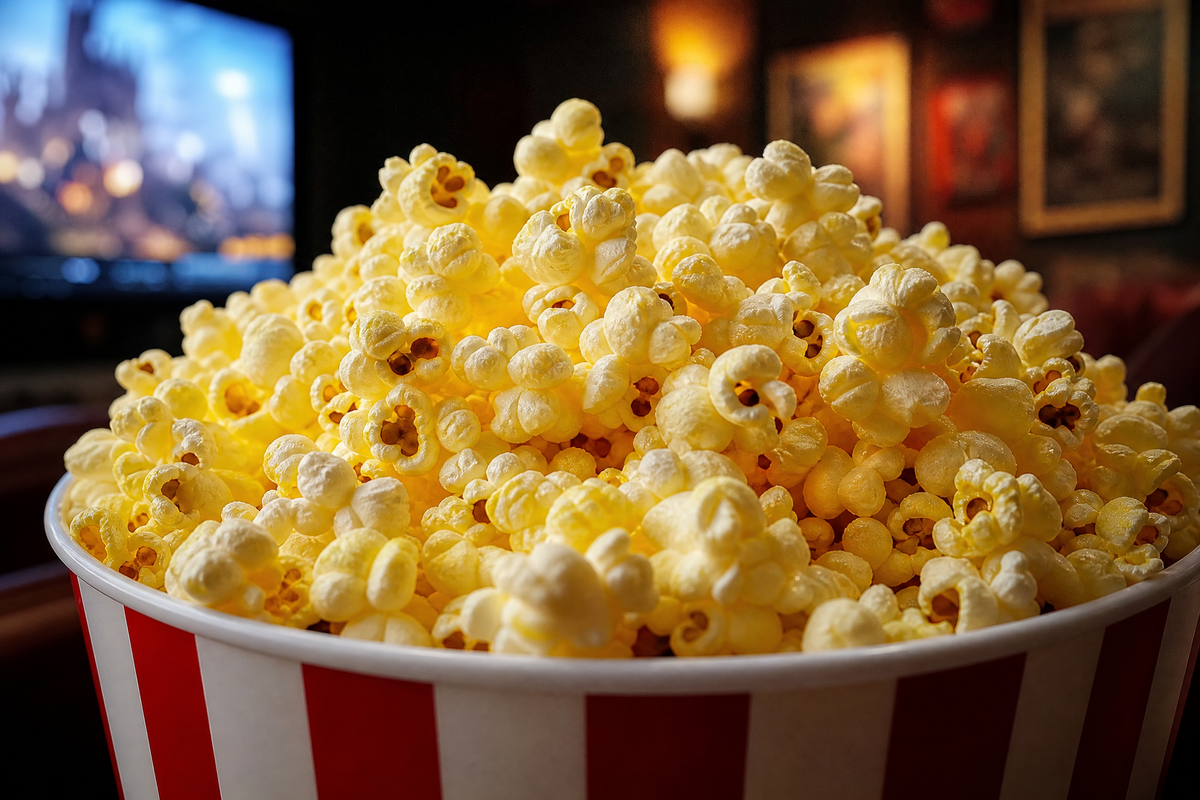 Grand pot raye rouge et blanc rempli de popcorn chaud.