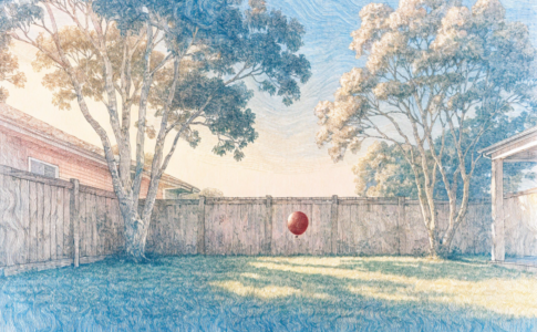 Jardin familial avec ballon rouge évoquant l'univers de Bluey Le Film