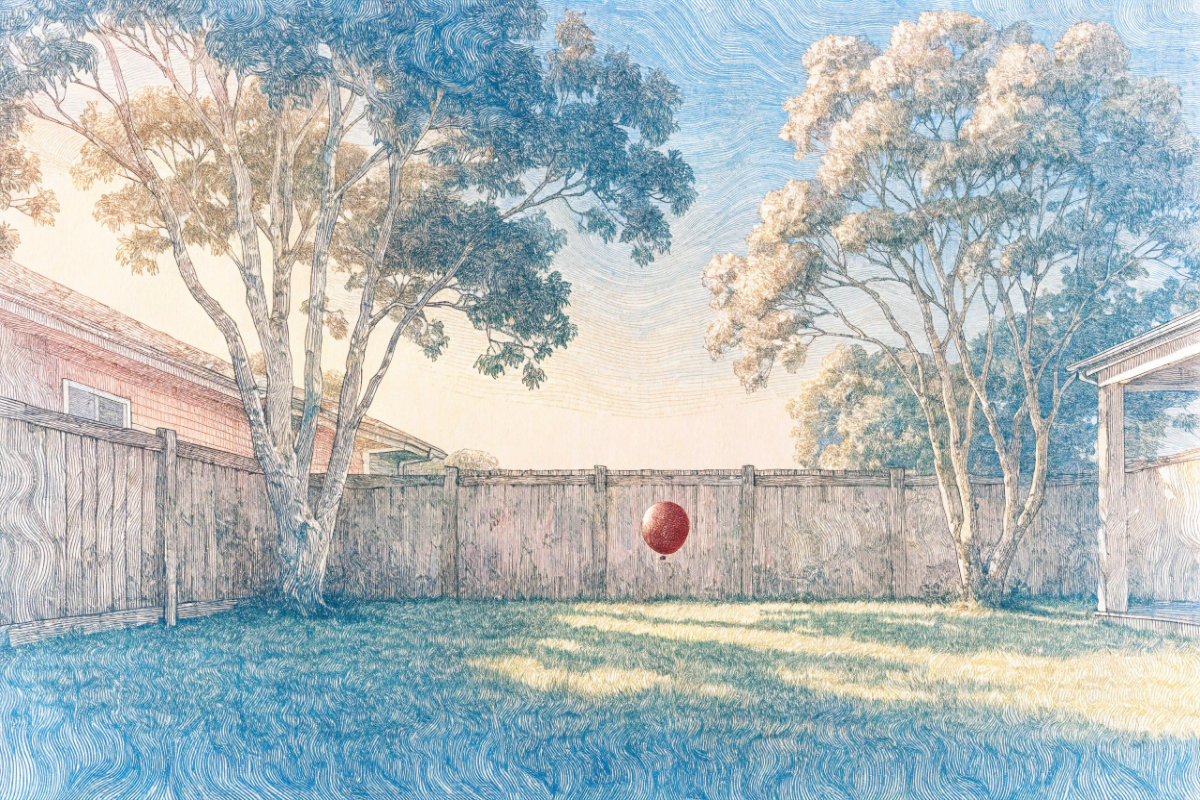 Jardin familial avec ballon rouge évoquant l'univers de Bluey Le Film 
