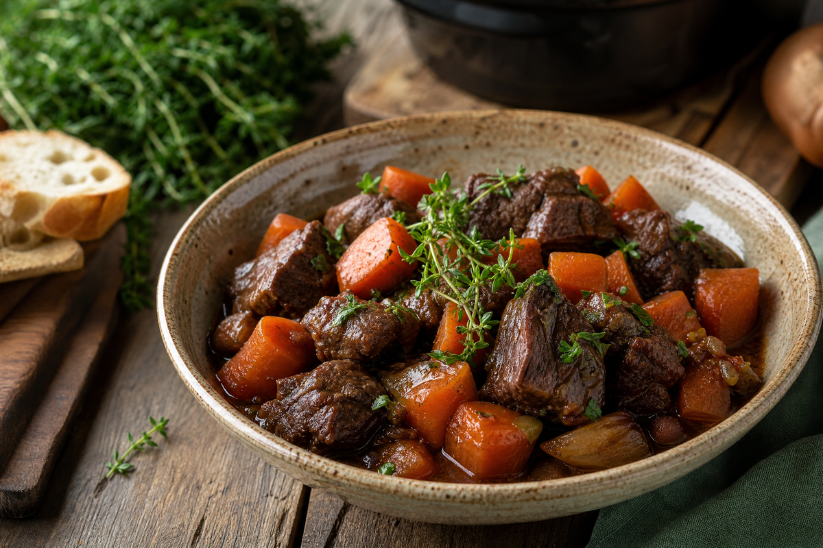 Bol rempli de bœuf mijoté avec carottes et brin de thym frais.