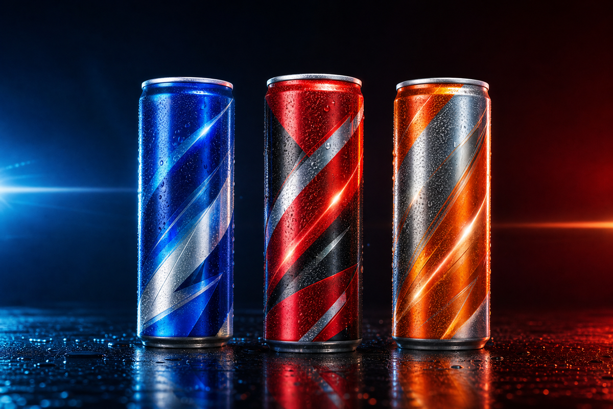 Trois canettes colorées de boissons énergisantes sur un fond sombre.