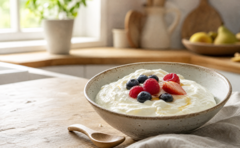 Fromage blanc garni de fruits rouges et de miel.