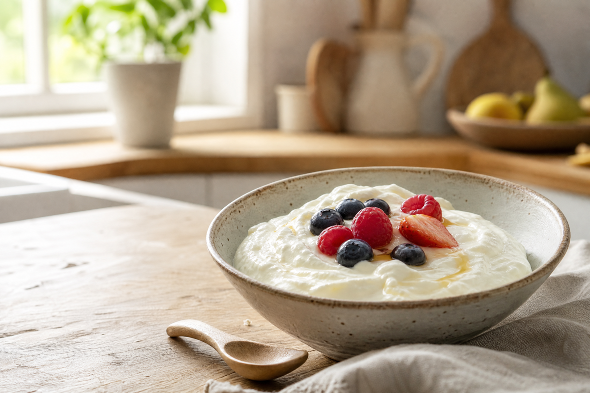  Fromage blanc garni de fruits rouges et de miel.