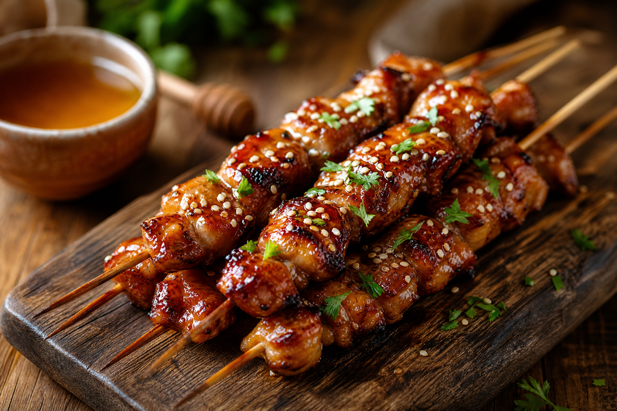 Brochettes au miel dorées et caramélisées, parsemées de graines de sésame.