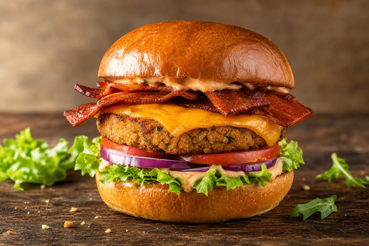 Burger végétarien garni de steak végétal, bacon végétal, fromage, tomate, oignon et salade.