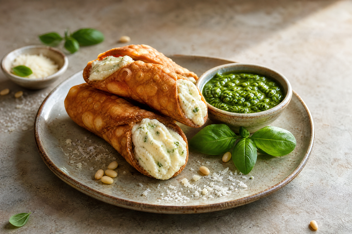 Cannoli croustillants à la ricotta, au pesto et aux pignons de pin.