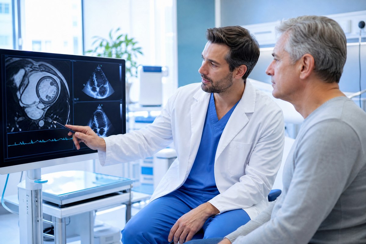 Cardiologue montrant une IRM cardiaque sur un écran à son patient.