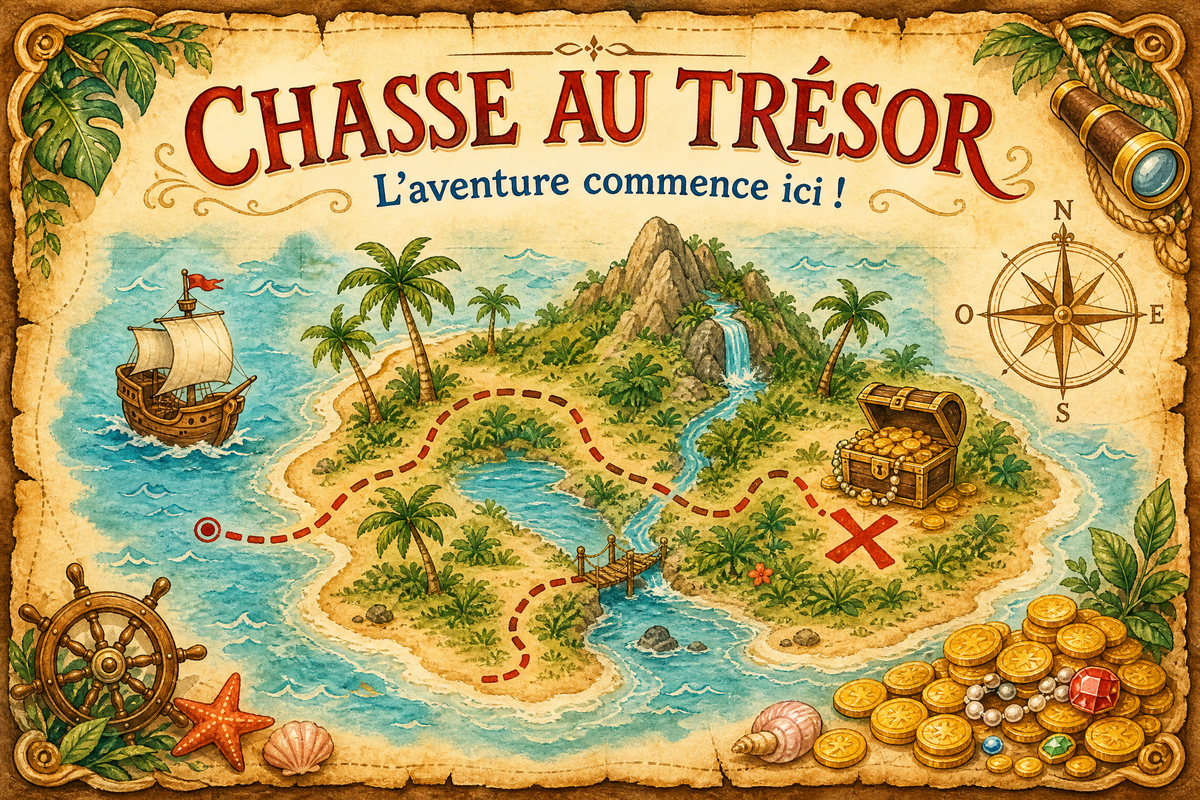 Carte au trésor pirate avec île, bateau et coffre.