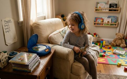 Un enfant écoutant de la musique avec son casque