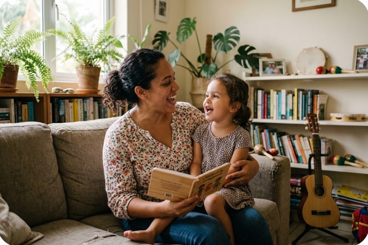 Une petite fille en train de chanter avec sa maman