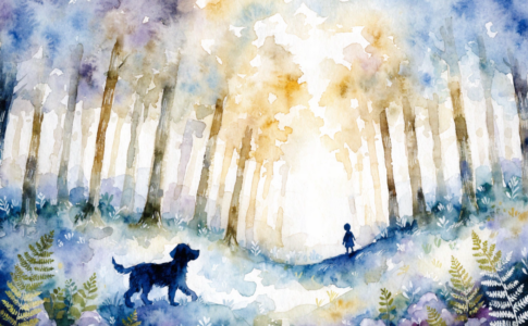 Un chien au pelage bleu dans une forêt évoquant l'univers de Chien Bleu