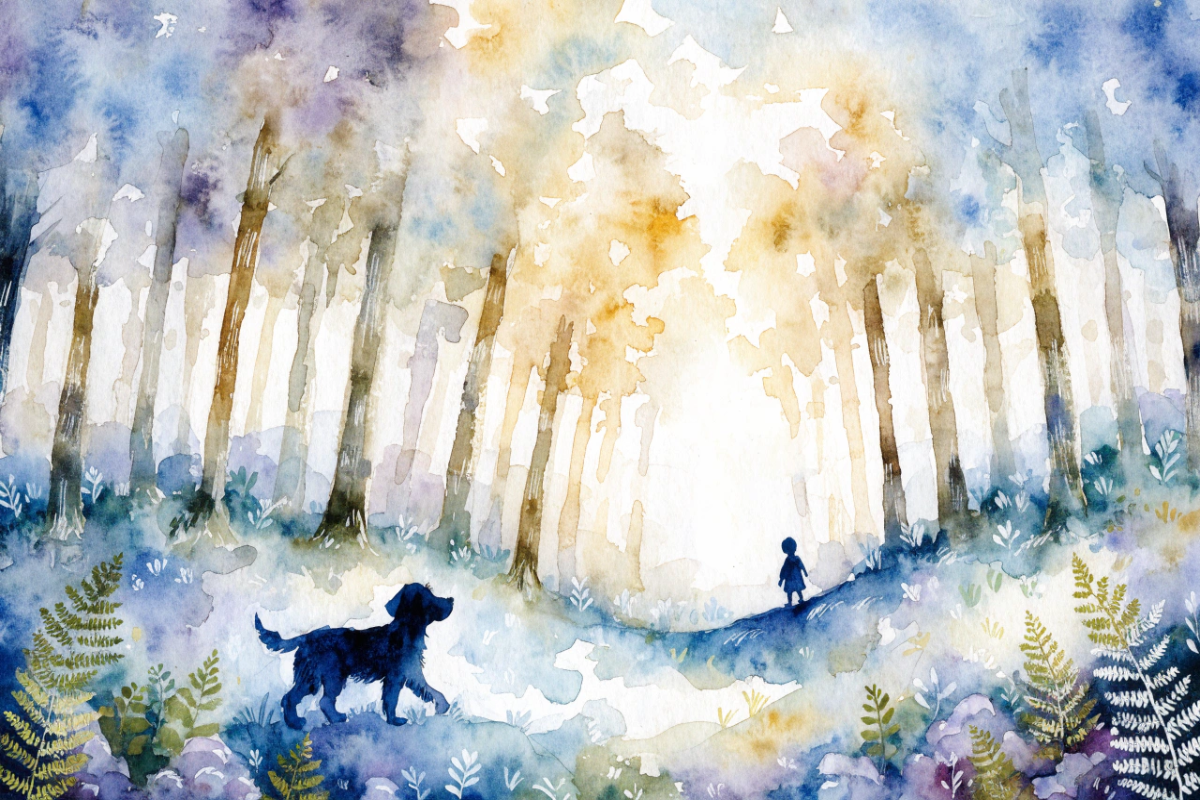 Un chien au pelage bleu dans une forêt évoquant l'univers de Chien Bleu