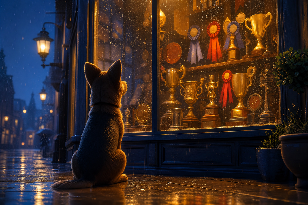 Chien contemplant une vitrine remplie de trophées 