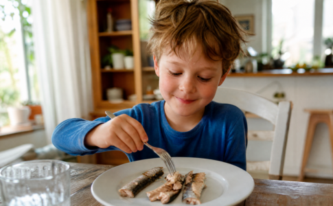 Petit garçon assis à table mangeant des sardines à la fourchette dans une assiette.