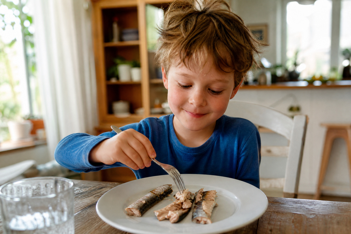 Petit garçon assis à table mangeant des sardines à la fourchette dans une assiette.