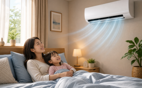 Une mère et sa fille se reposent dans une chambre climatisée.
