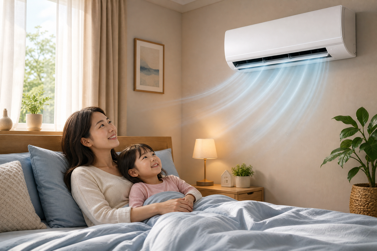 Une mère et sa fille se reposent dans une chambre climatisée.