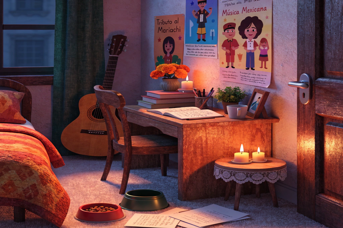 Chambre de musicien adolescent avec guitare évoquant l'univers de Coco 2 Miguel Rivera