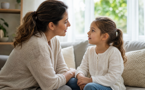 Une mère parle calmement à sa fille sur le canapé.