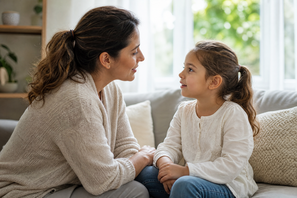 Une mère parle calmement à sa fille sur le canapé.