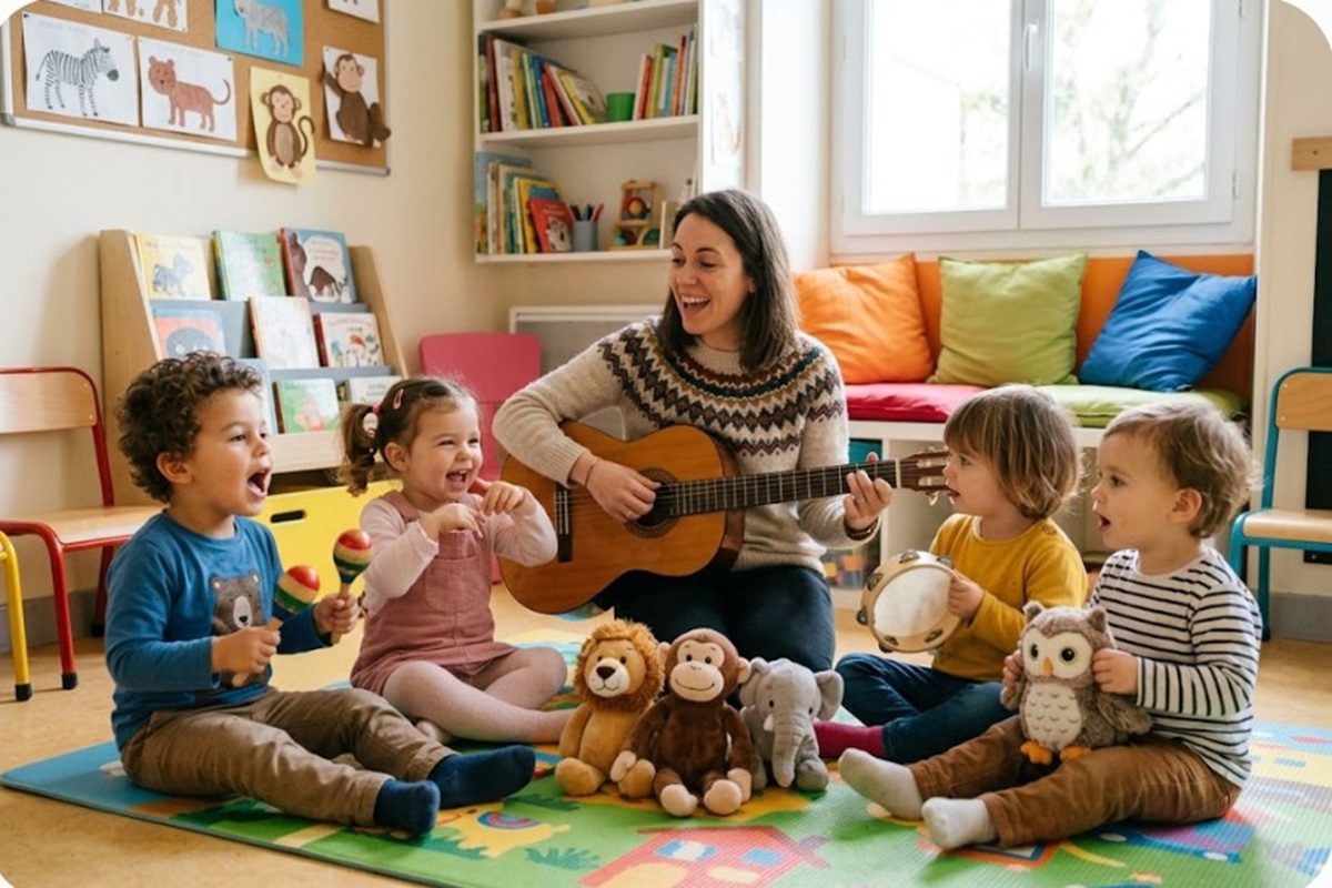 Des enfants chantant avec des peluches d’animaux