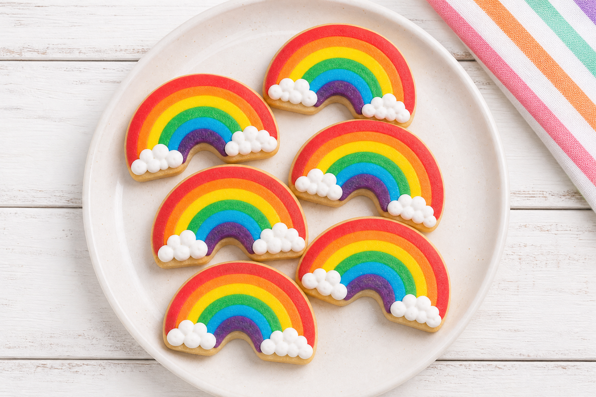 Biscuits sablés décorés en forme d'arcs-en-ciel colorés avec des nuages en glaçage blanc disposés dans une assiette.