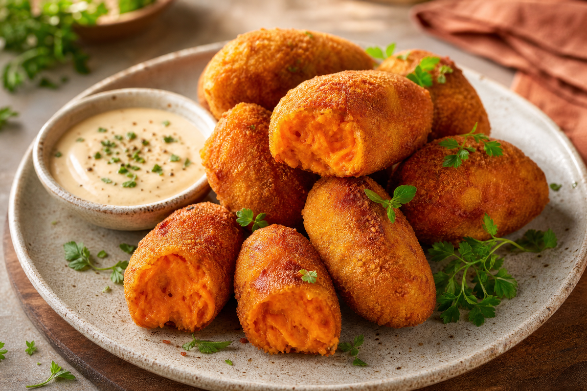 Des croquettes de patate douce bien dorées et croustillantes servies sur une assiette avec un ramequin de sauce.