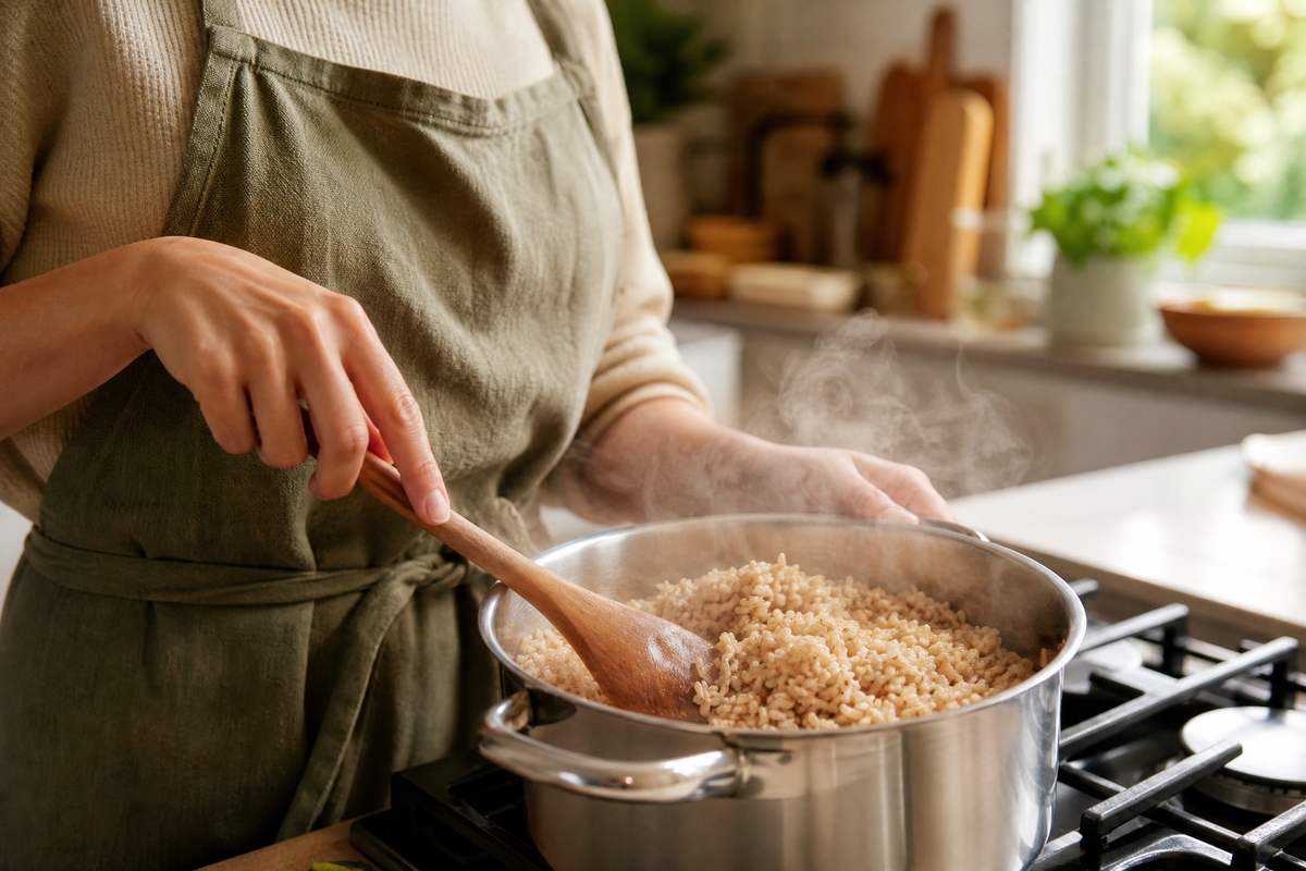  Personne mélangeant du riz brun fumant dans une casserole avec une cuillère en bois.