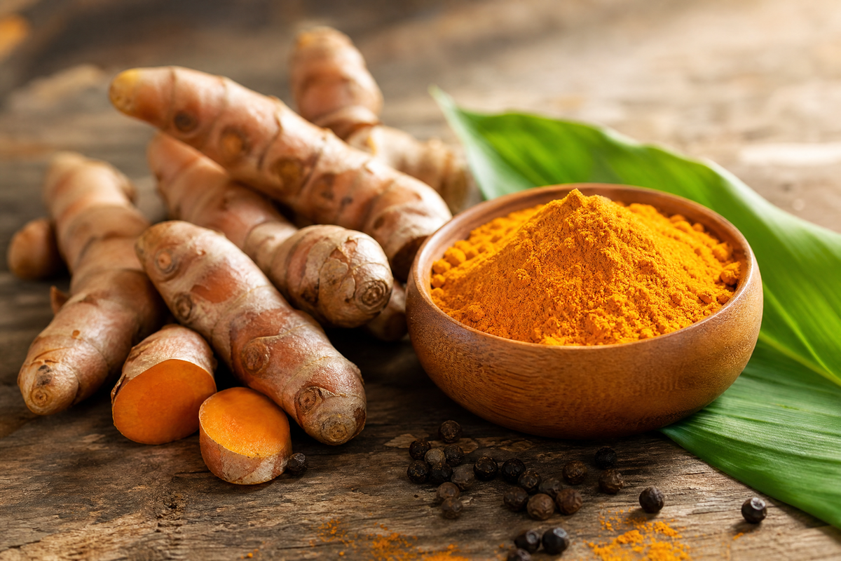 Racines de curcuma frais et curcuma en poudre dans un bol en bois sur une table.