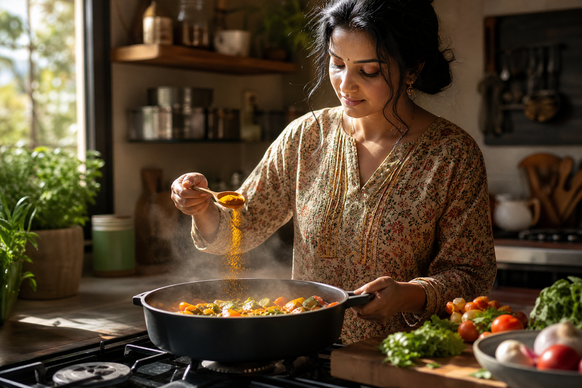 Femme ajoutant du curcuma en poudre avec une cuillère dans un plat en cuisson.
