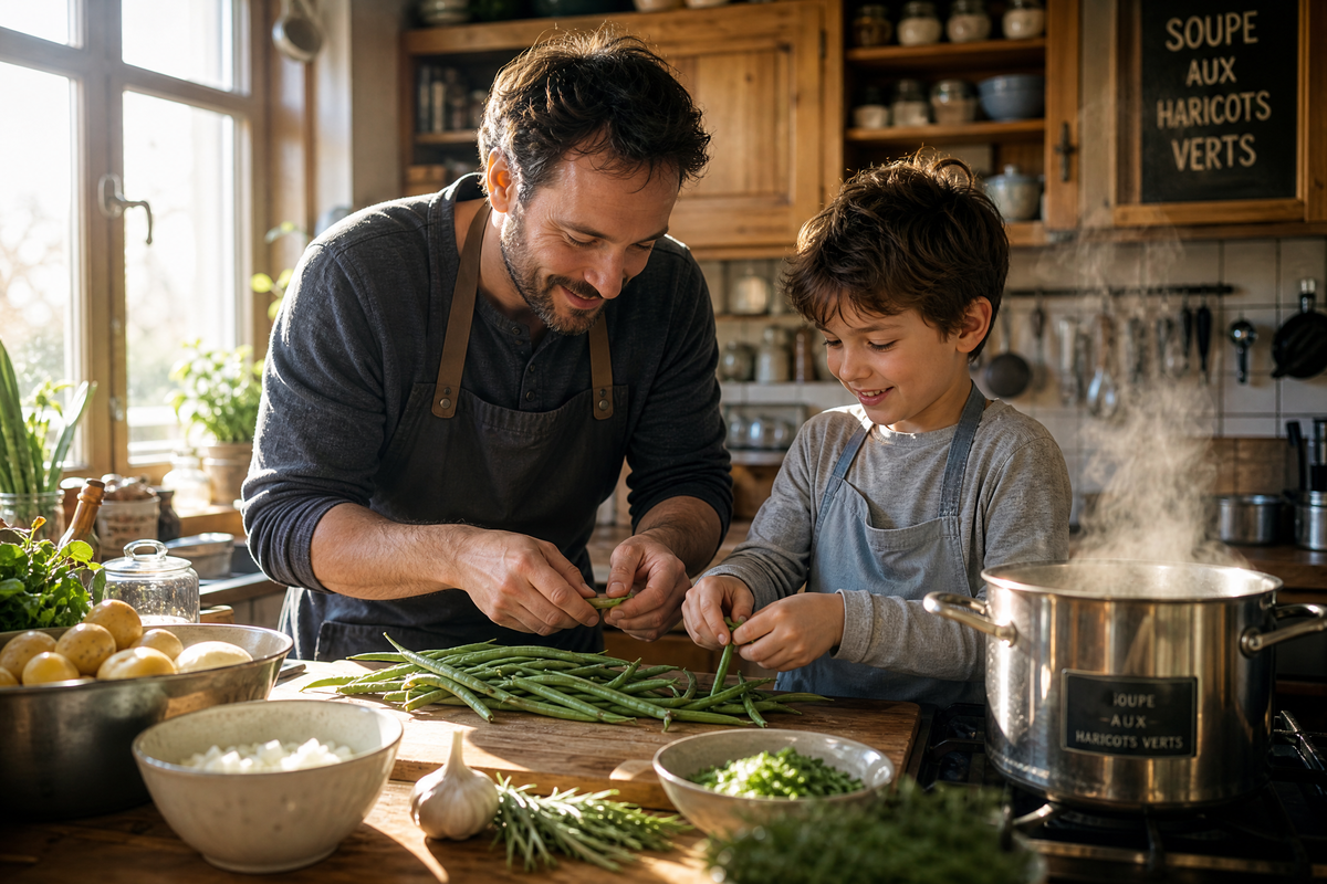 Père et son fils préparant ensemble des haricots verts dans la cuisine pour réaliser une soupe. 
